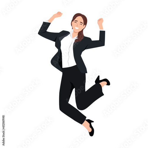 Beautiful brunette happy businesswoman jumping wearing suit. Flat vector illustration isolated on white background