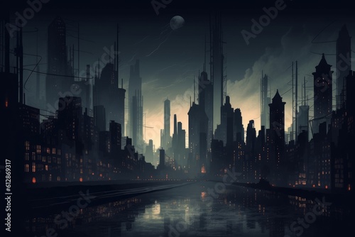 Concept art illustration of Gotham city at night, Generative AI photo