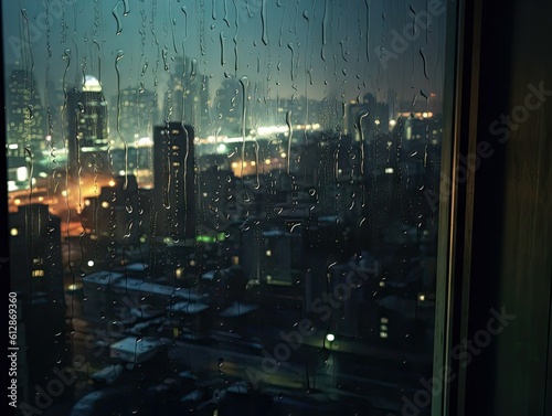 Raindrops on Window with Cityscape View -ai generated