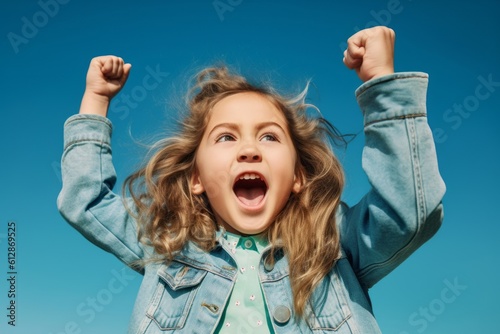Lifestyle portrait photography of a tender kid female doing loser gesture mocking against a sky-blue background. With generative AI technology