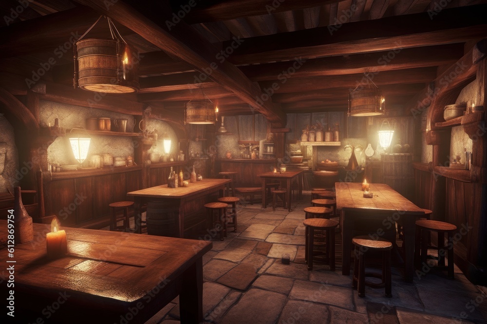 Concept art illustration of medieval tavern, Generative AI