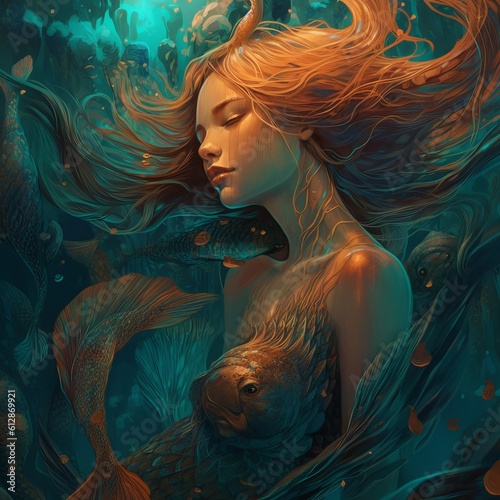 Underwater Queen Mermade Goddess Woman Portrait Digital Generated Magic Fantasy Colorful Illustration Artwork background