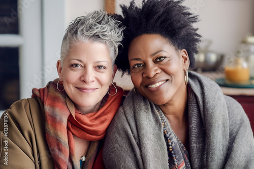 Lovely senior generative ai lesbian couple having practicing mindfulness meditation and wellness at home. Mental health in the lgbtq+ community.
