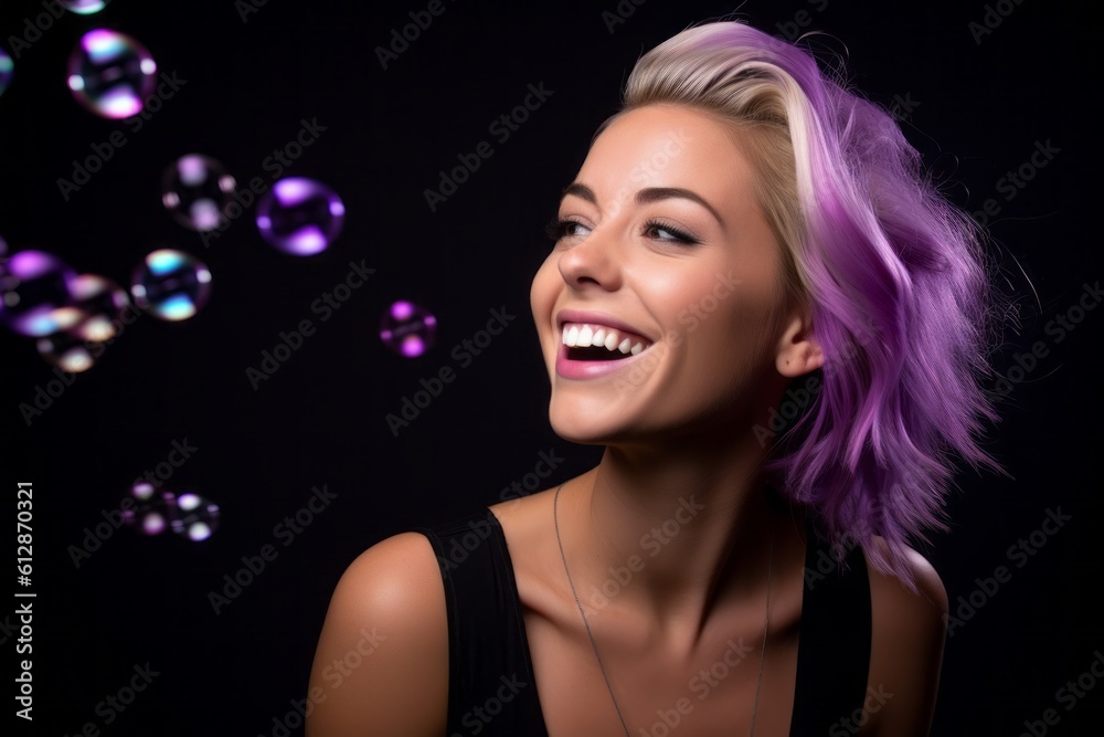 Headshot portrait photography of a happy girl in her 30s blowing bubbles against a deep purple background. With generative AI technology
