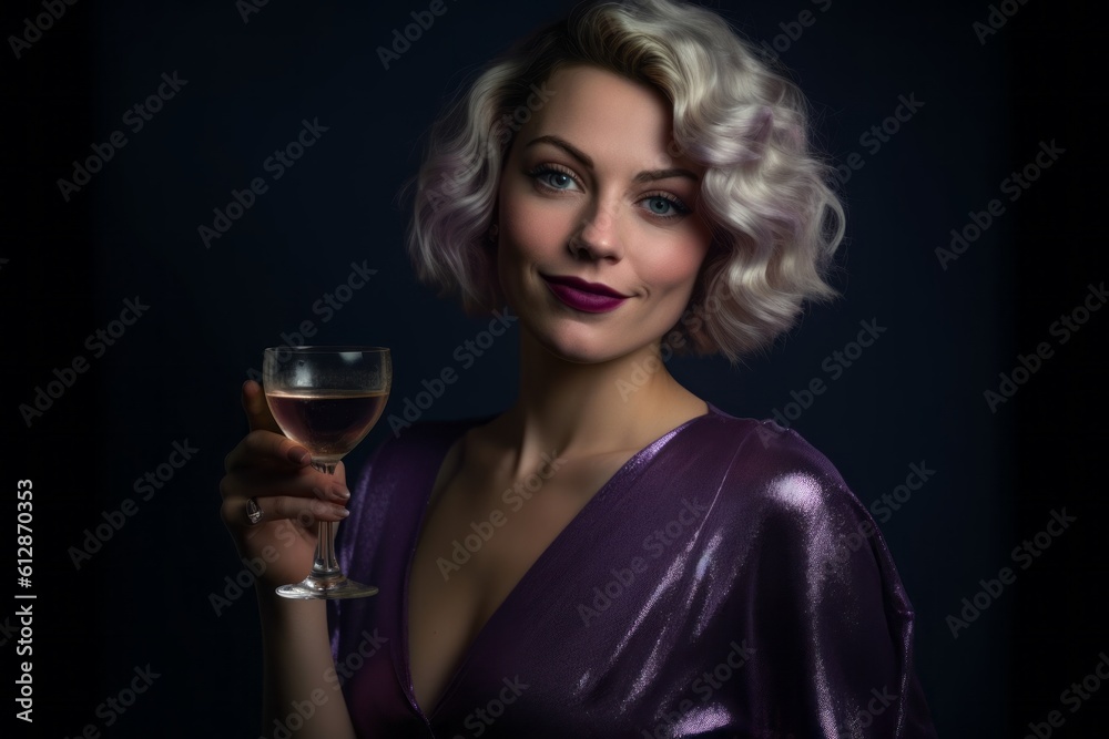 Medium shot portrait photography of a glad girl in her 30s holding a glass of champagne against a deep purple background. With generative AI technology Medium shot portrait photography of a glad girl in her 30s holding a glass of champagne against a deep purple background. With generative AI technology