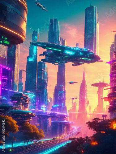Futuristic cityscape at sunset, Generative AI Illustration.
