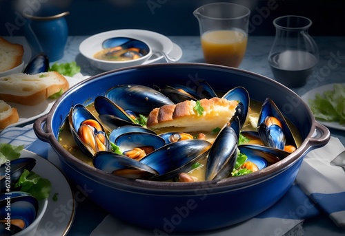 Top view of a casserole of traditional French mussels. Generative AI