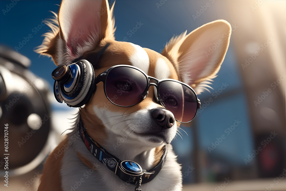 Dj chihuahua with sunglasses and headphones playing music. Generative AI
