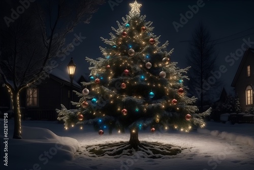 Decorated Christmas tree outdoor at night. Generative AI