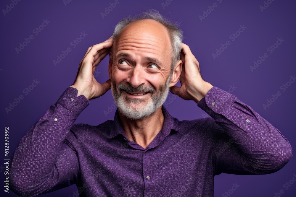 Close-up portrait photography of a happy mature man scratching head in gesture of confusion against a deep purple background. With generative AI technology Close-up portrait photography of a happy mature man scratching head in gesture of confusion against a deep purple background. With generative AI technology