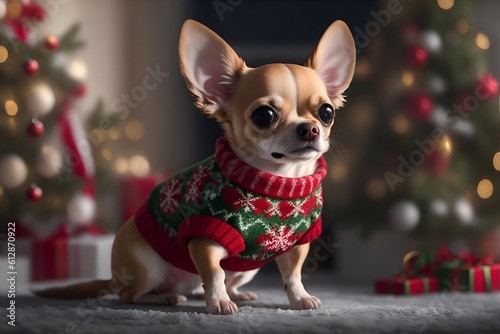 Chihuahua in Christmas pullover. Generative AI