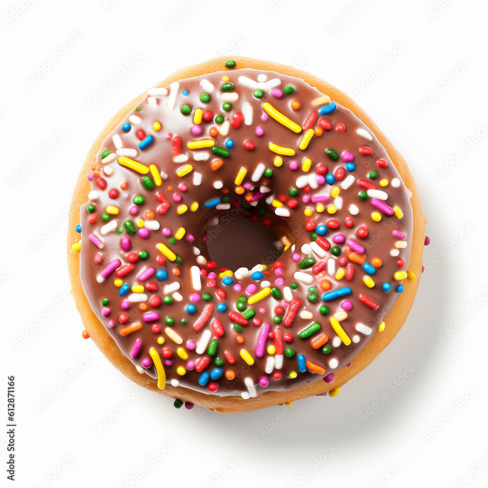 Delicious chocolate donut with colorful sprinkles seen from the top on white background.
