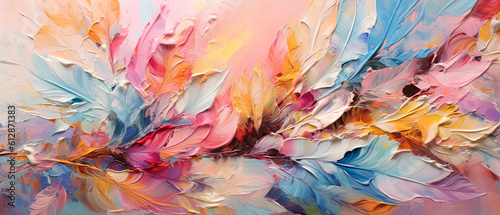 fondo abstracto con flores y plumas de colores azul, amarillo rosa y blanco