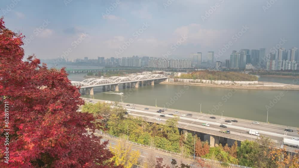 Seoul South Korea time lapse 4K, city skyline timelapse at Yeouido Island and Han River view from Yongbongjeong Park in autumn Seoul South Korea time lapse 4K, city skyline timelapse at Yeouido Island and Han River view from Yongbongjeong Park in autumn