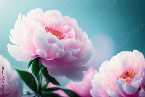 Beautiful pink large flowers peonies on a light  blue turquoise background with blurry soft filter.