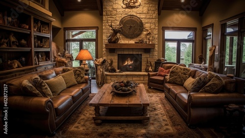 Living room decor, home interior design . Traditional Rustic style with Fireplace decorated with Wood and Stone material . Generative AI AIG26. photo