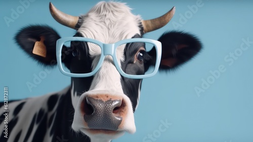 Funny cow with sunglasses in front of blue studio background. Generative AI