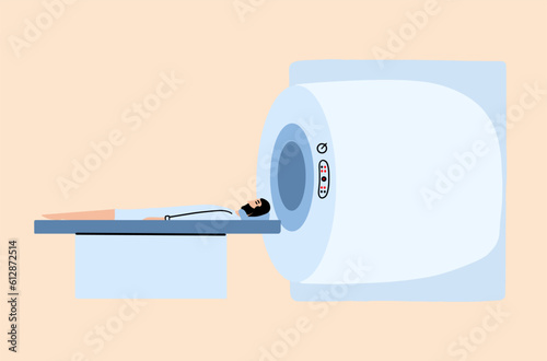A man is being diagnosed on an MRI machine. Magnetic resonance imaging. Vector illustration in flat style