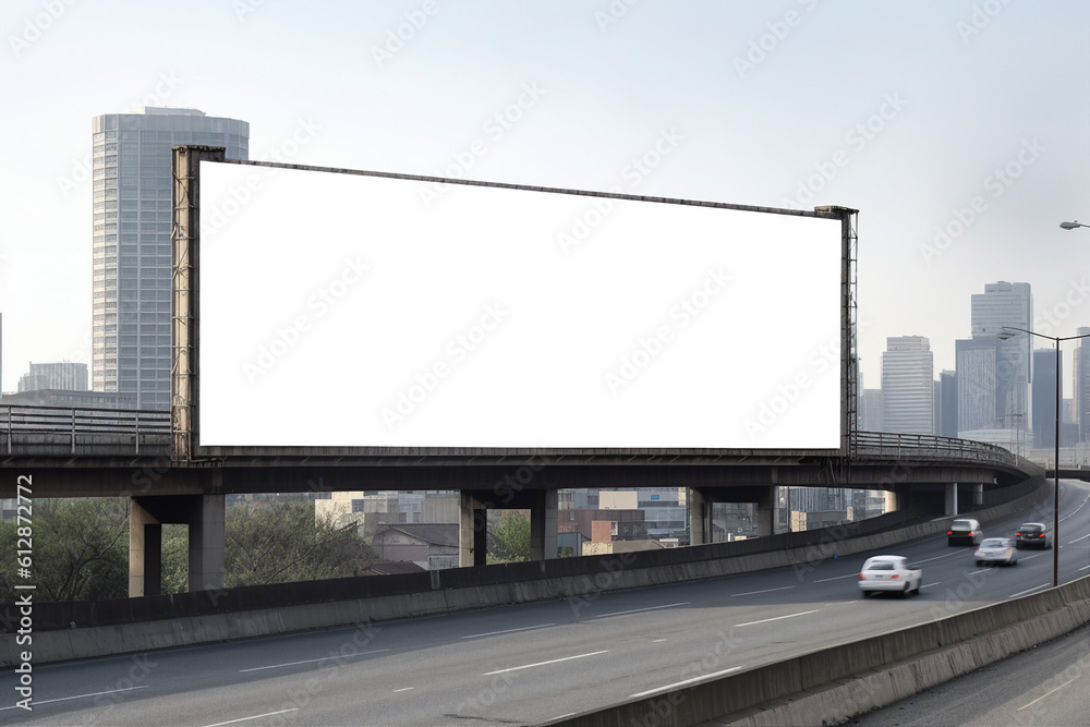 Transparent, empty, blank billboard mockup near a flyover road for outdoor advertisement and promotion for commercial marketing. Generative AI Transparent, empty, blank billboard mockup near a flyover road for outdoor advertisement and promotion for commercial marketing. Generative AI