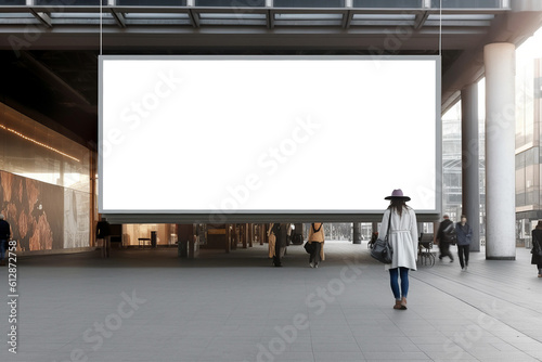 Transparent, empty, blank billboard mockup in a shopping mall for outdoor advertisement and promotion for commercial marketing. Generative AI