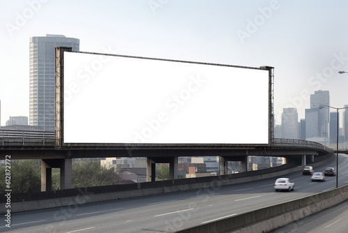 Transparent, empty,  blank billboard mockup near a flyover road for outdoor advertisement and promotion for commercial marketing. Generative AI