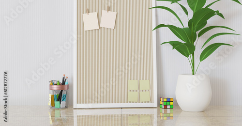 Workspace post it board stationery flowers and sticky notes on a chalkboard Home desk and notepad on white wall Copy space for your information content 3D illustration