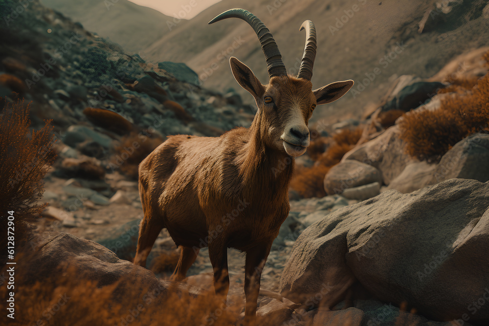 Photo goat with large horns ibex standing in mountains