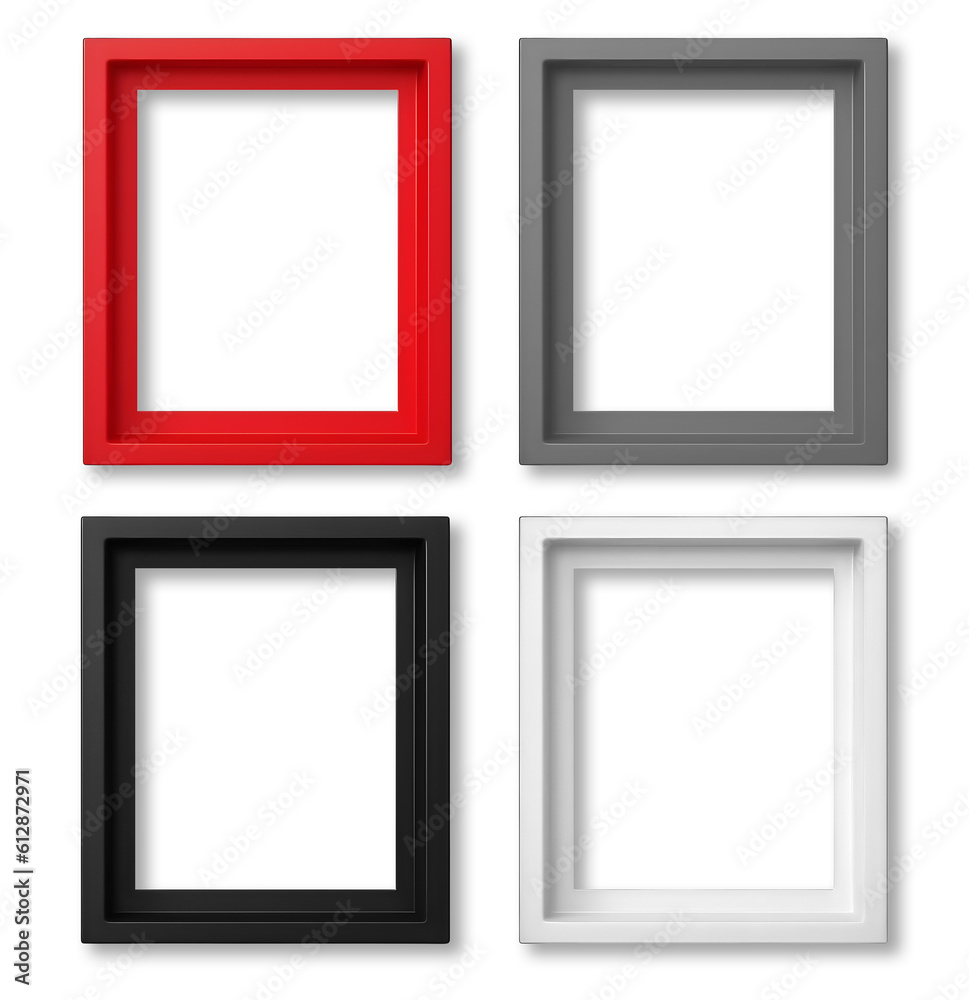 Shaded empty blank photo frames with shadow. Classic black, red, grey, white. Many assorted different colours isolated on transparent background cutout. PNG file. 3D rendering