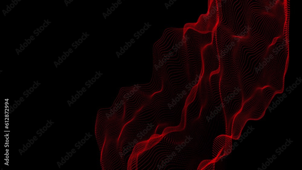 Red particle mesh floats on black background abstract