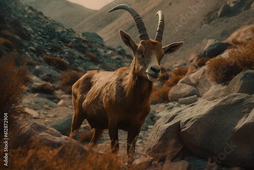 Photo goat with large horns ibex standing in mountains photo