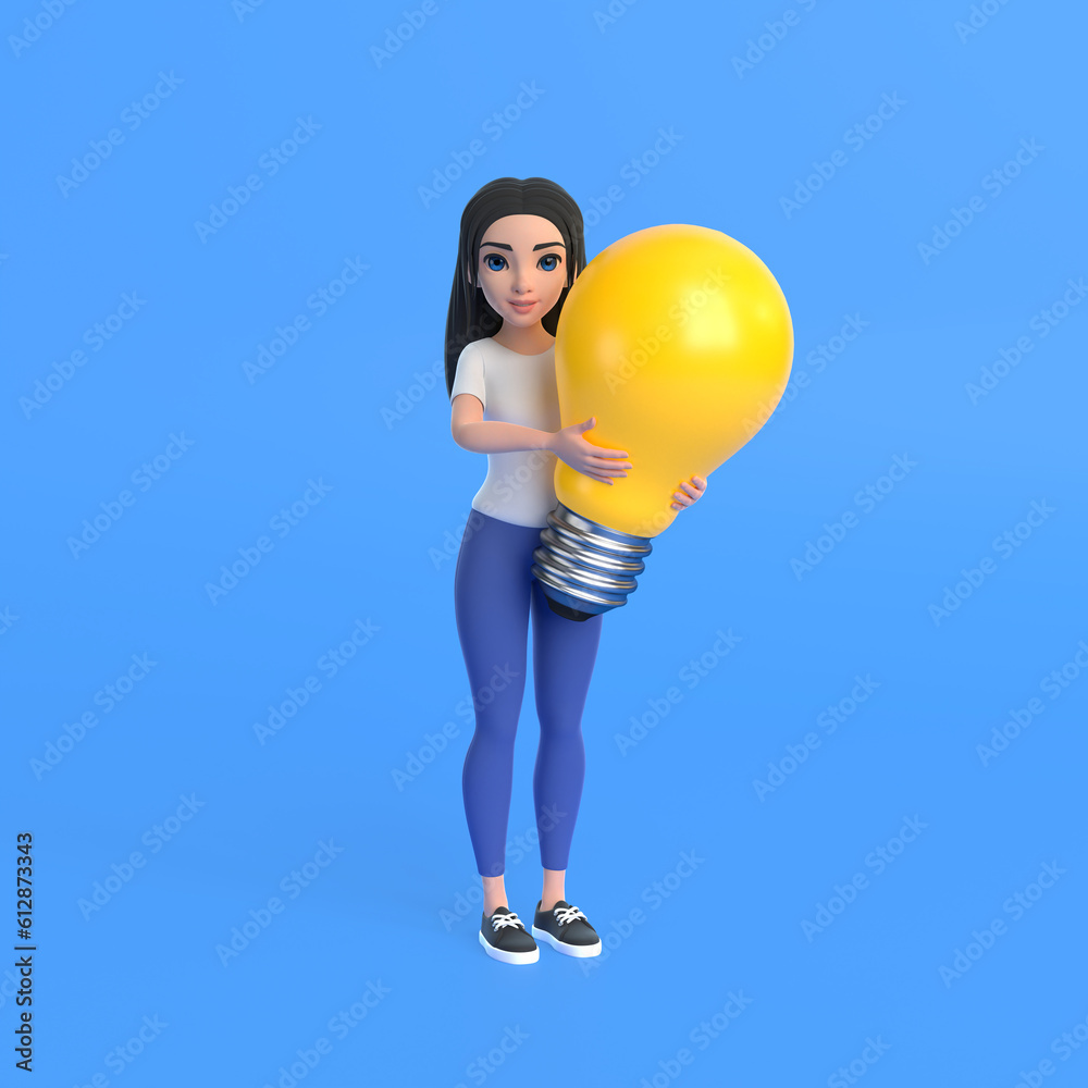 Cartoon funny cute girl in a white T-shirt and jeans holding and hugging a huge bulb lamp on a blue background. Woman in minimalist style. People characters illustration. 3D rendering illustration Cartoon funny cute girl in a white T-shirt and jeans holding and hugging a huge bulb lamp on a blue background. Woman in minimalist style. People characters illustration. 3D rendering illustration