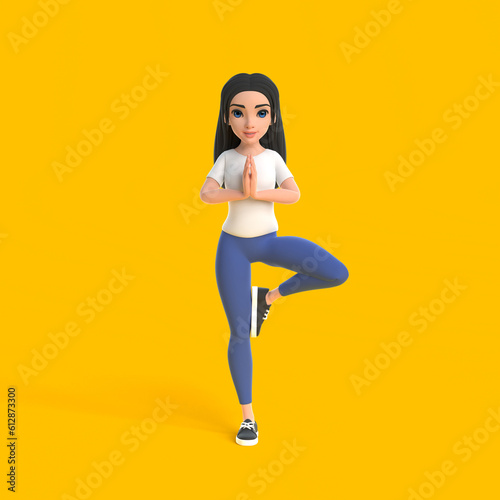 Cartoon funny cute yoga girl in a white T-shirt and jeans in tree position on a yellow background. Woman in minimalist style. Character doing yoga. 3D rendering illustration
