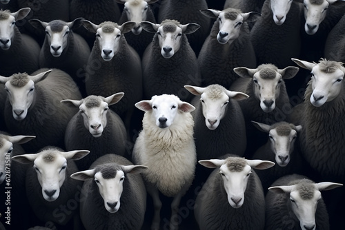 Standing Out: Single White Sheep Among Black Sheeps - Generative AI photo
