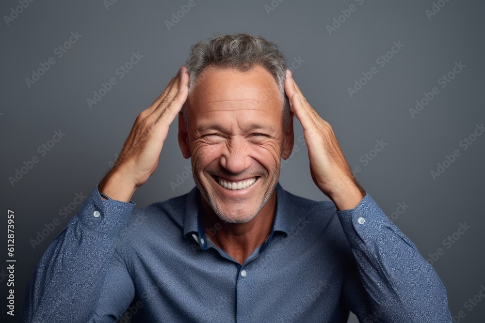 Medium shot portrait photography of a grinning mature man holding the hand on the forehead in a headache gesture against a cool gray background. With generative AI technology Medium shot portrait photography of a grinning mature man holding the hand on the forehead in a headache gesture against a cool gray background. With generative AI technology