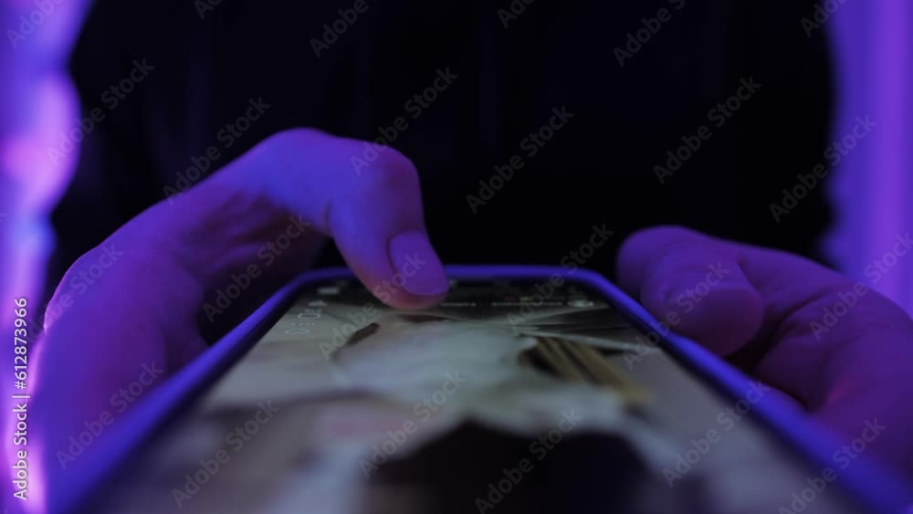 Woman chatting online on smartphone macro close up, typing text message, touching touchscreen keyboard, using messenger application. Female holding mobile phone, close up, swiping social media. 