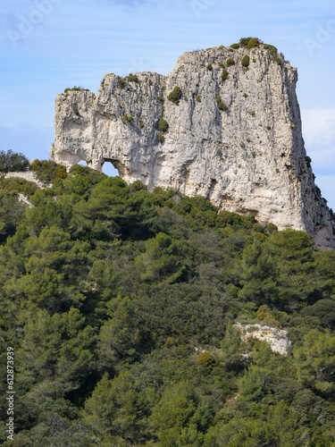 Massive rock formation in the Alpilles on a sunny day