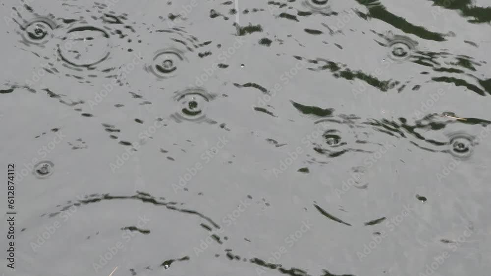 rain drops on river surface with bubbles and water ripples texture 4k weather footage with sound