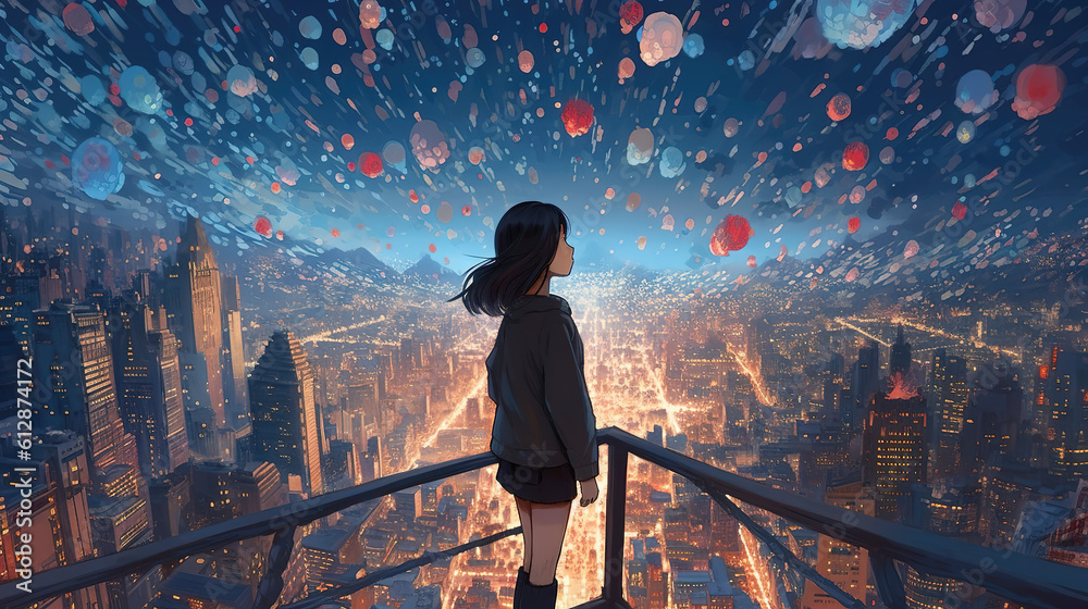 Fototapeta premium a beautiful magical wallpaper of an anime girl watching a city from top of a skyscrapper with a lot of balloons on the sky, ai generated image