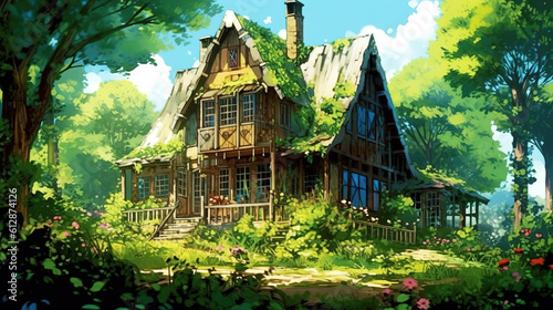 a beautiful place of peace anime artwork, lonely house in the forest, ai generated image