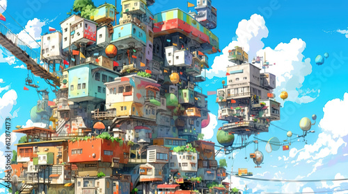 an anime artwork of a futuristic house block, hundreds of buildings, ai generated image
