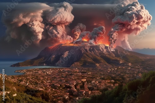 Imagination of Campi Flegrei caldera eruption in Italy. Generative AI.
