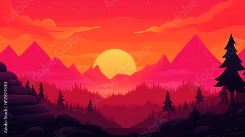 a cartoon inspired sunset illustration with bright colors, ai generated image