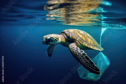 Plastic Pollution In Ocean - Turtle Eat Plastic Bag Generative AI