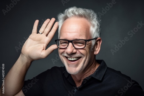 Headshot portrait photography of a joyful mature man making a i'm listening gesture with the hand on the ear against a metallic silver background. With generative AI technology