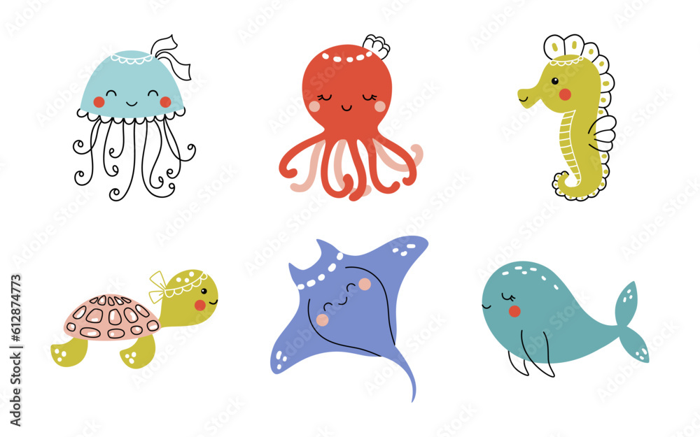 Cute vector set with sea animals - octopus, sea turtle, jellyfish, whale, seahorse, stingray. Funny children's illustration hand drawn for textile or print on any surface Cute vector set with sea animals - octopus, sea turtle, jellyfish, whale, seahorse, stingray. Funny children's illustration hand drawn for textile or print on any surface