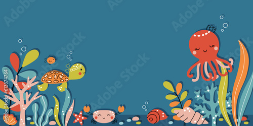 Cute sea animals vector illustration on navy blue background. Kawaii marine creatures swimming underwater on coral reef in seaweeds - octopus, sea turtle, crab, fish