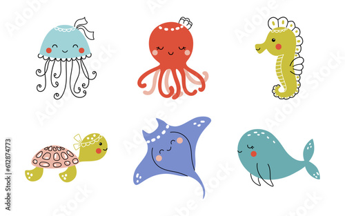 Cute vector set with sea animals - octopus, sea turtle, jellyfish, whale, seahorse, stingray. Funny children's illustration hand drawn for textile or print on any surface
