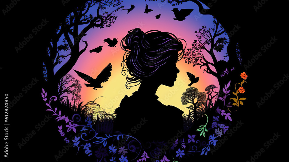 a brave lonely woman in a cute fairytale silhouette artwork, banner style, ai generated image