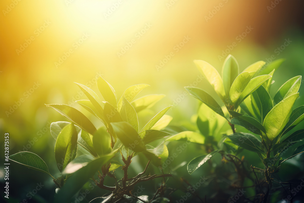 Obraz premium green tea leaves with sunlight banner background