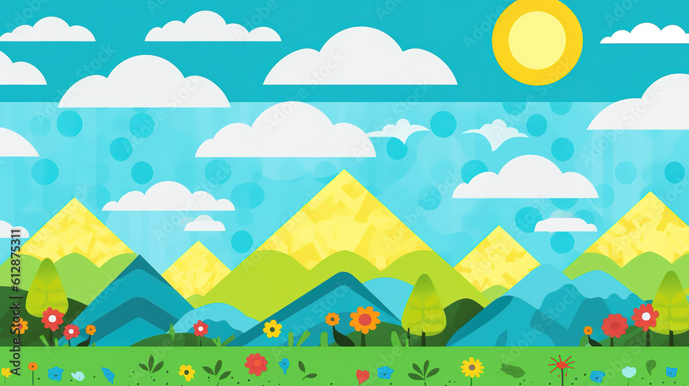 a cartoon inspired gift card of the nature with mountains, ai generated image
